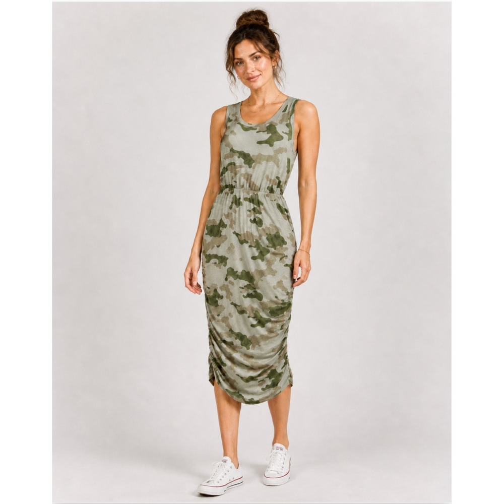Sundry Urban Casual T-shirt Dress Womens 3 Large Green Camo Ruched Sides